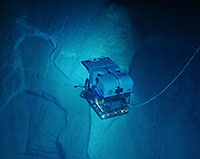 Photograph shows a view of the ROV D2 surveying evidence of slope failure on the wall of Guayanilla Canyon south of Puerto Rico at 1,800 meters depth.
